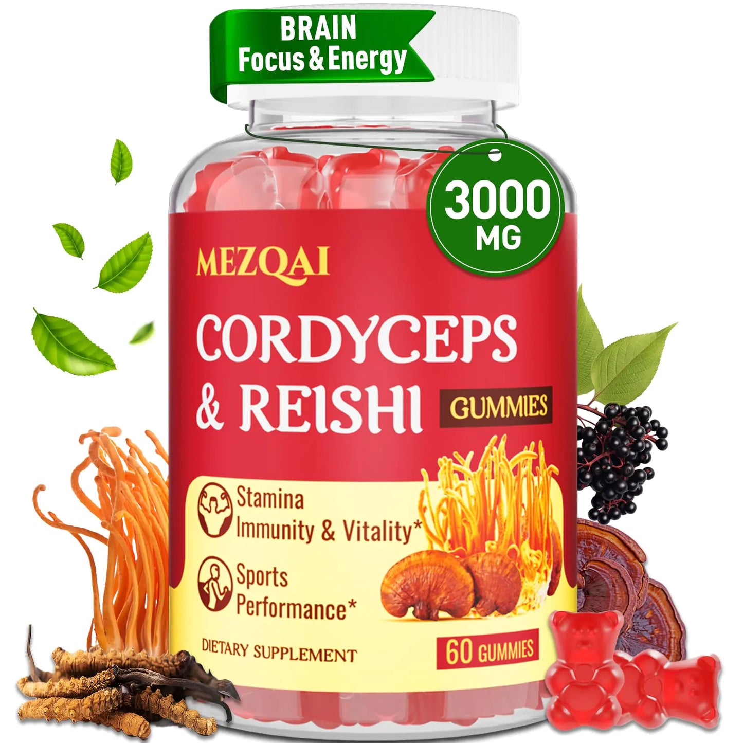 Mushroom Energy & Focus Gummies - Brain & Athletic Booster, 60 Count